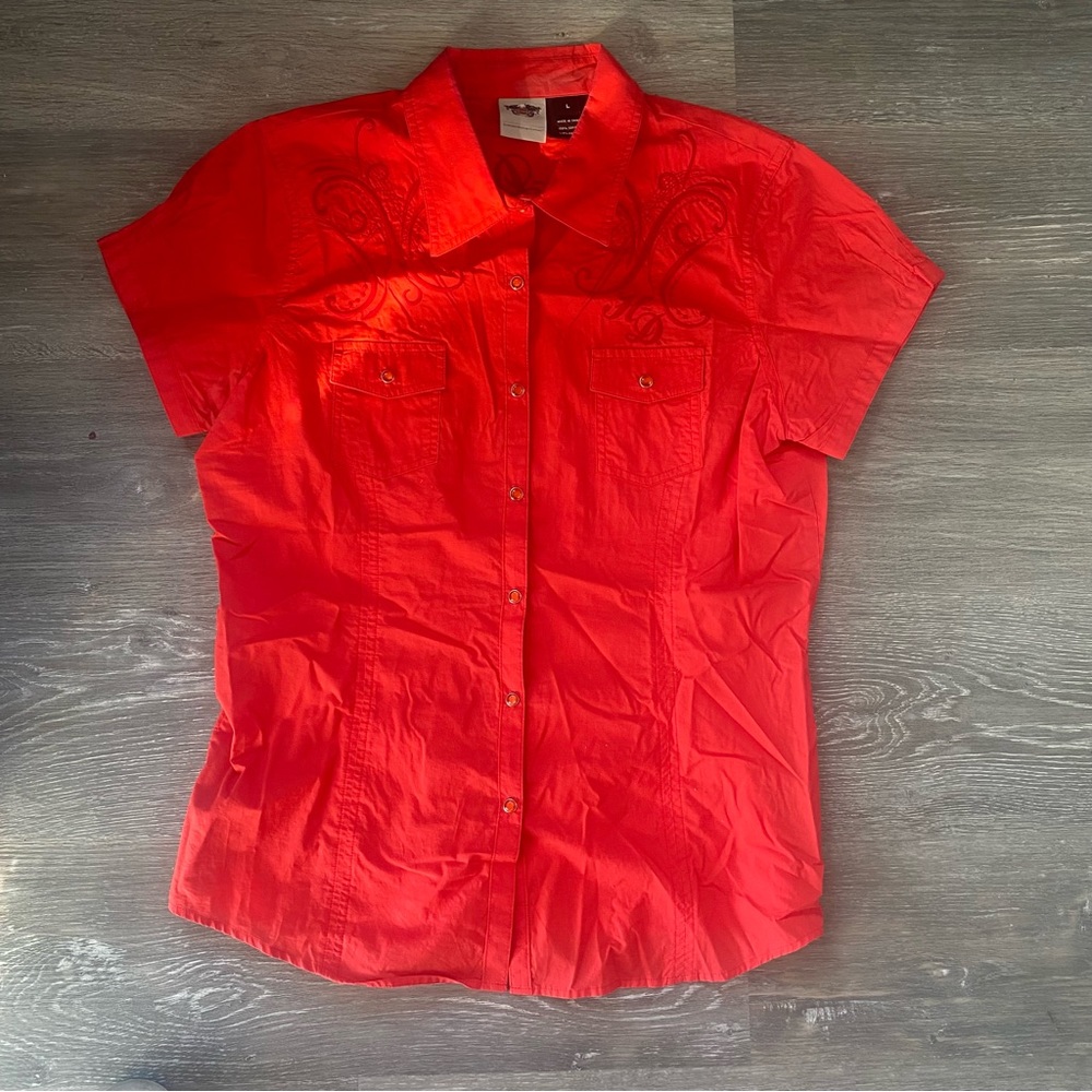 red, button up, harley-davidson t-shirt